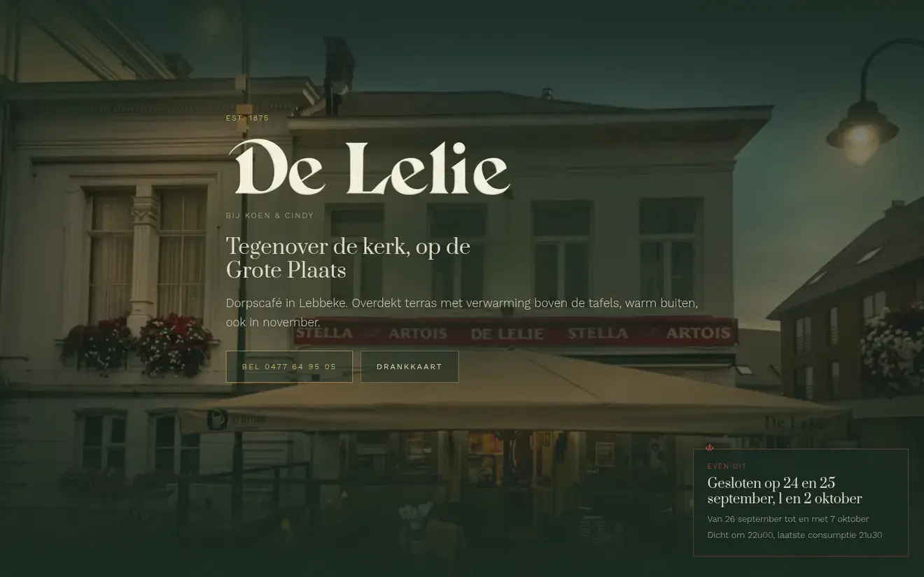 Schermafbeelding van de website van Café De Lelie