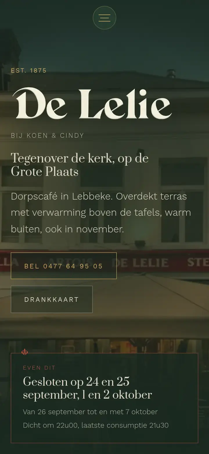 Schermafbeelding van de website van Café De Lelie